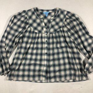 Draper James Top Womens Small Plaid Popover Top Shirt Blouse Button Front